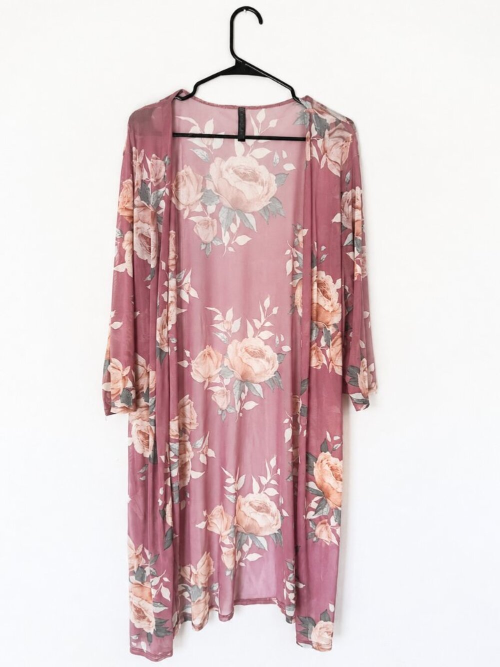Ashley Blue Dusty Rose Floral Sheer Kimono Duster XL